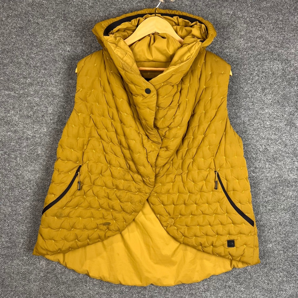 RARE The North Face Puffer Vest Womens L Gold Good 800-Down Hooded Magnetic Snap